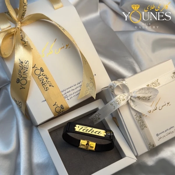 تصویر دوم دستبند چرم مردانه طلا حکاکی اسم Taha طاها